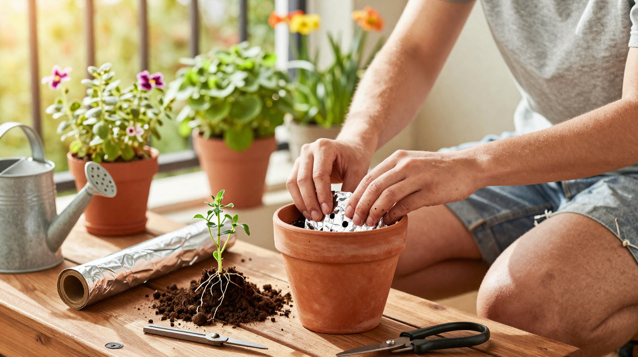 Pessoa plantando mudas em vaso de barro com ferramentas e plantas ao redor sobre mesa de madeira.