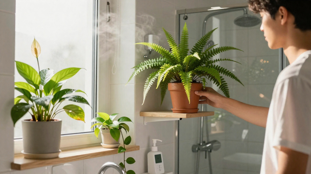 Pessoa ajustando vaso de samambaia em prateleira dentro de banheiro com outras plantas ao lado da janela.