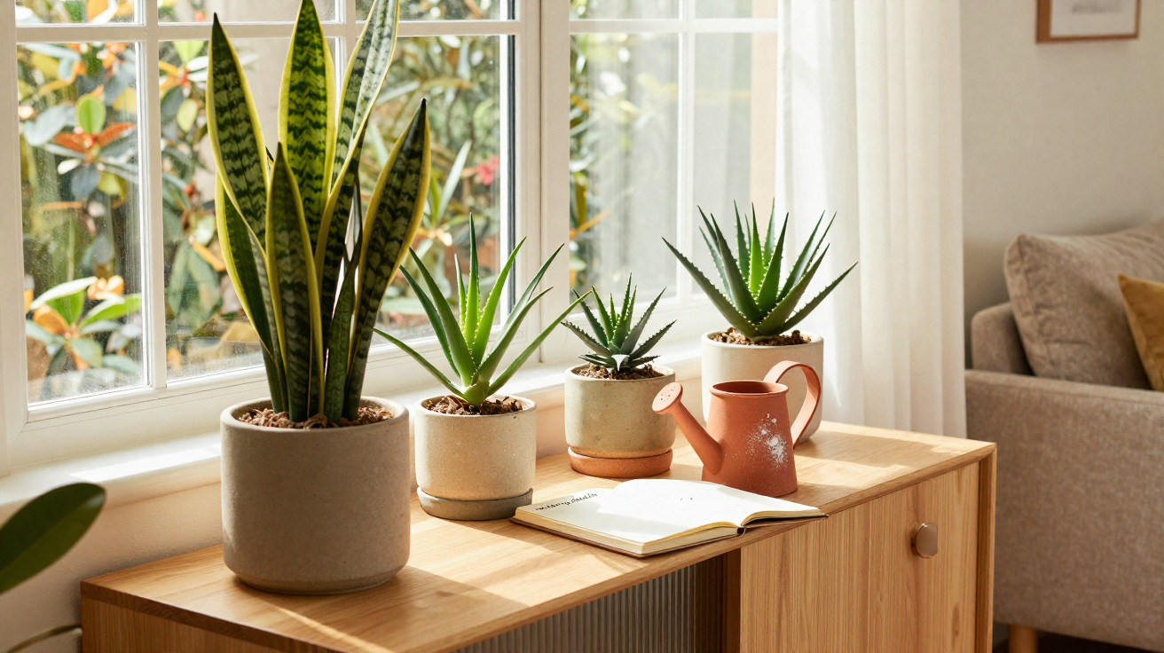 Plantas em vasos dispostas em móvel de madeira ao lado de janela, com regador e livro aberto.