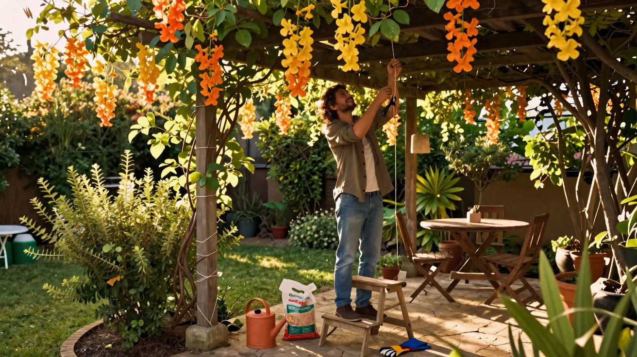 Homem em pé ajusta luz sob pergolado com flores laranja e amarelas no jardim ensolarado.