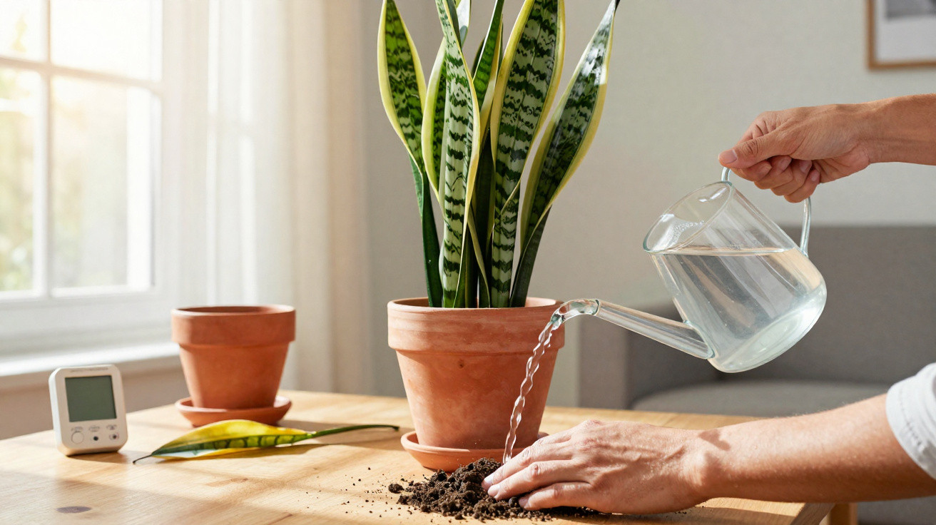 Pessoa regando planta em vaso de cerâmica com regador de vidro em mesa de madeira iluminada por janela.