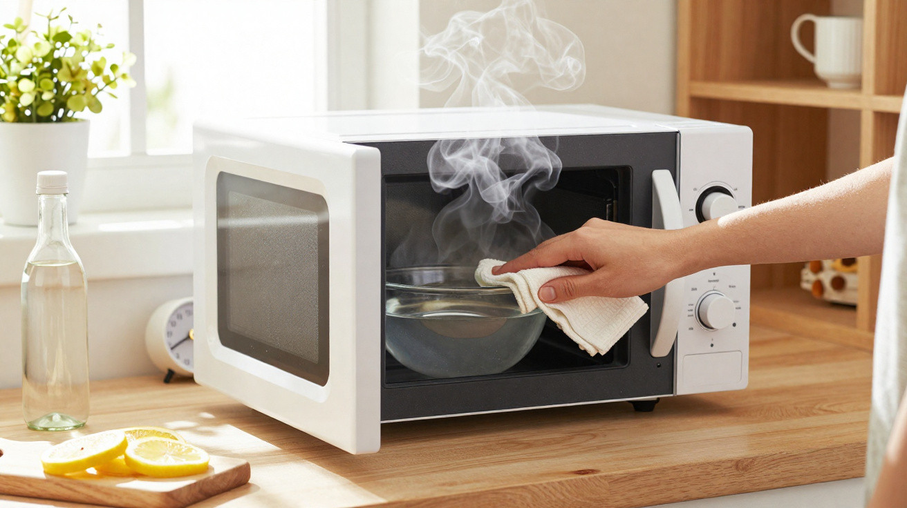 Pessoa retirando tigela com vapor de micro-ondas branco em cozinha iluminada e organizada.