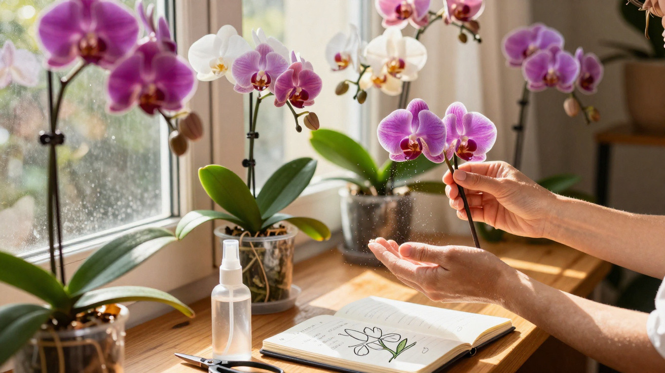 Pessoa cuidando de orquídea rosa em vaso próximo à janela com caderno e spray sobre a mesa.