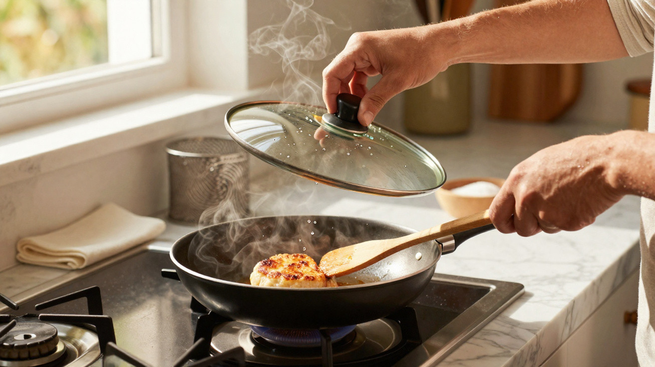Pessoa tampando frigideira com hambúrguer sendo frito no fogão a gás em cozinha iluminada.