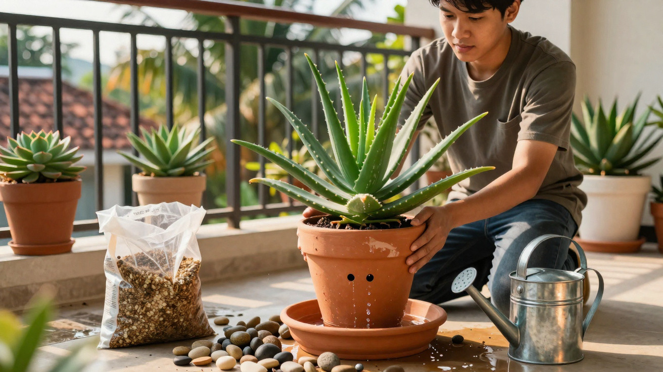 Jovem regando planta suculenta em vaso de cerâmica em varanda com outras plantas ao redor.