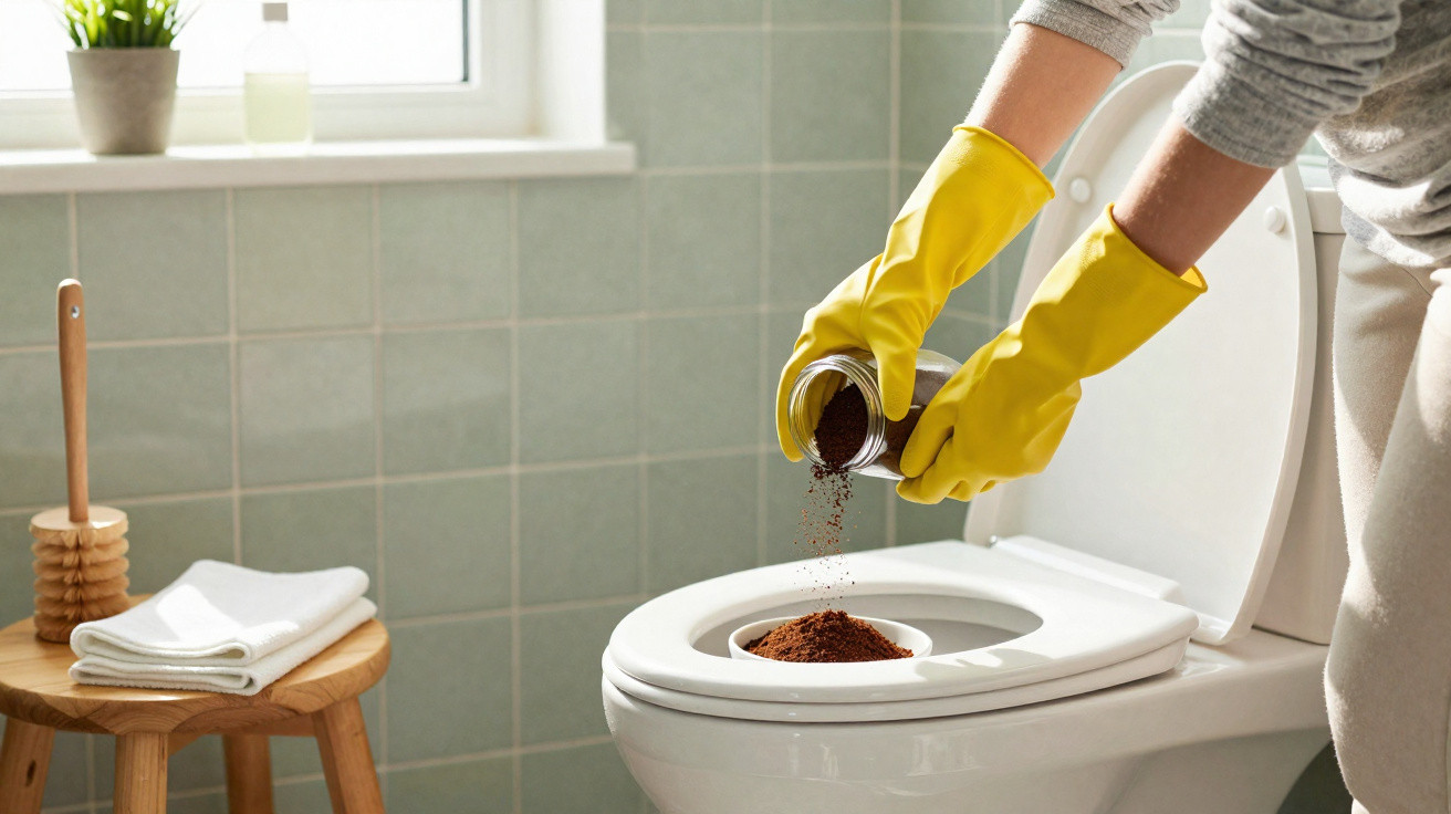 Pessoa com luvas amarelas colocando pó de café no vaso sanitário para limpeza, em banheiro com parede verde.