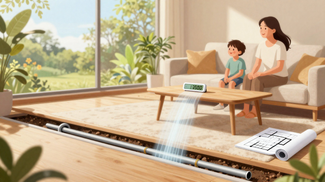 Mãe e filho sentados na sala, com sistema de tubulação subterrânea visível e planta baixa na mesa.