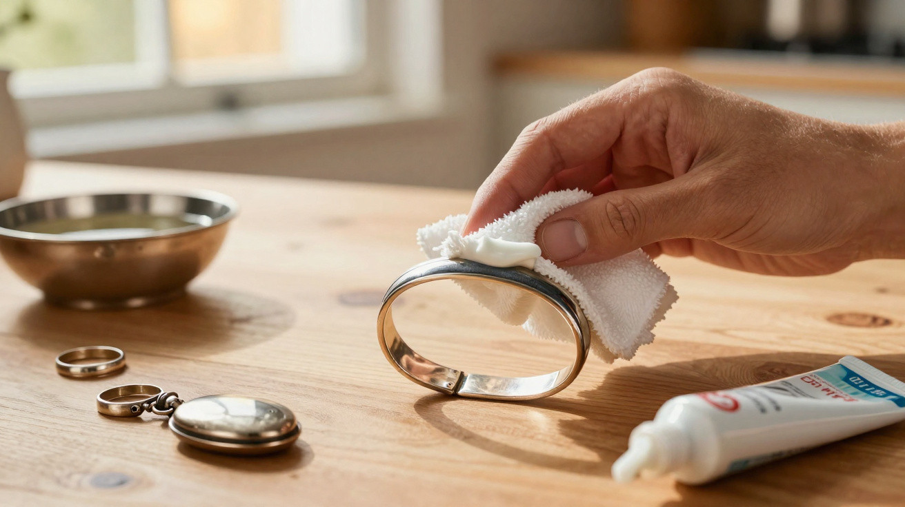 Mão limpa pulseira de prata com pano branco sobre mesa de madeira com anéis e creme de polimento.