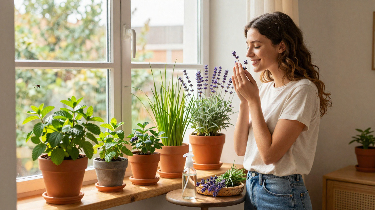Mulher cheirando flor de lavanda ao lado de várias plantas em vasos perto da janela.