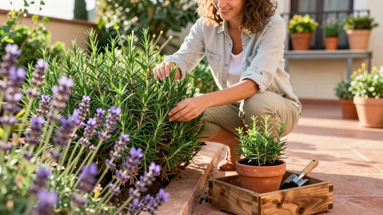 Mulher cuidando de plantas em jardim, com vaso e ferramentas de jardinagem ao lado.