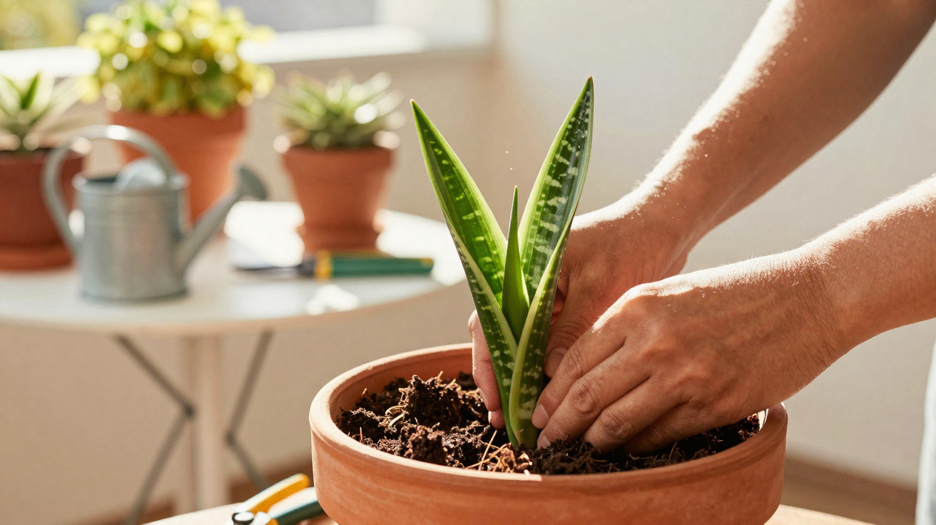 Mãos plantando planta suculenta verde em vaso de barro em ambiente iluminado por luz natural.