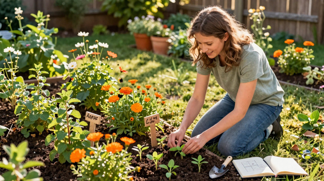 Mulher jovem plantando mudas em jardim florido com flores laranja sob luz do sol.