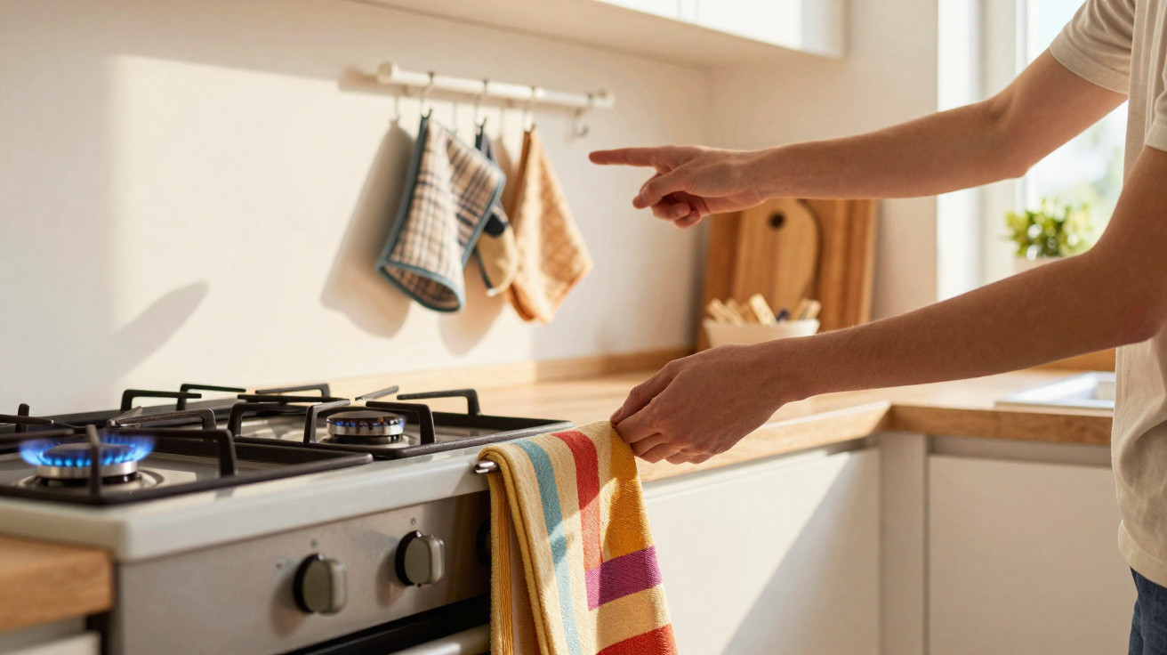 Pessoa apontando para fogão aceso em cozinha clara com pano colorido pendurado no forno.