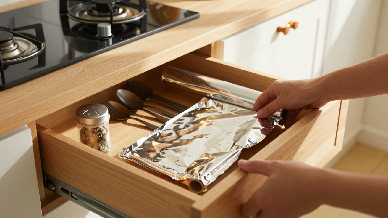 Pessoa abrindo gaveta de cozinha com papel alumínio, utensílios e tempero, ao lado de fogão moderno.
