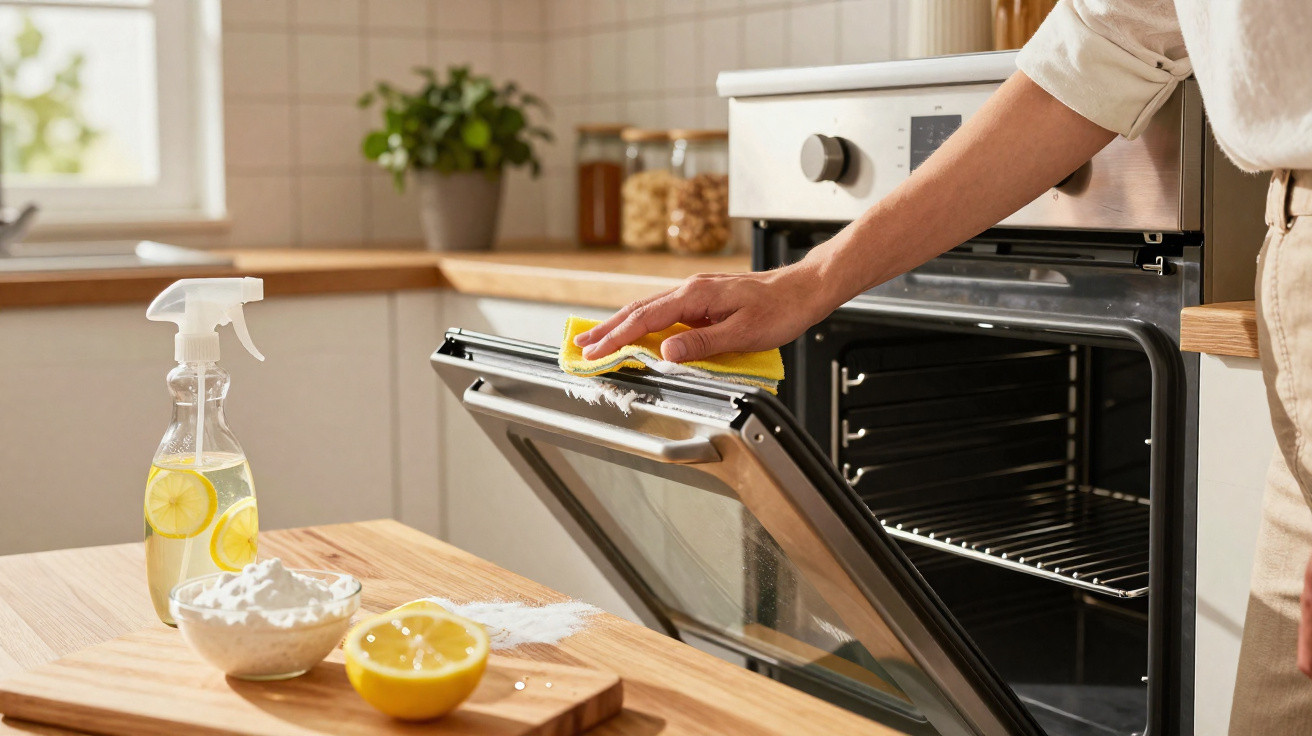 Pessoa limpando a porta do forno da cozinha com pano amarelo e produtos de limpeza naturais na bancada.