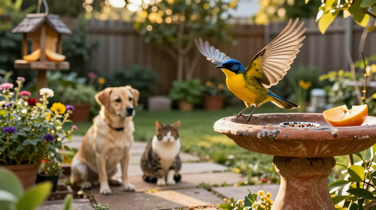 Pássaro colorido voando próximo a um bebedouro de jardim, com cachorro e gato ao fundo observando.