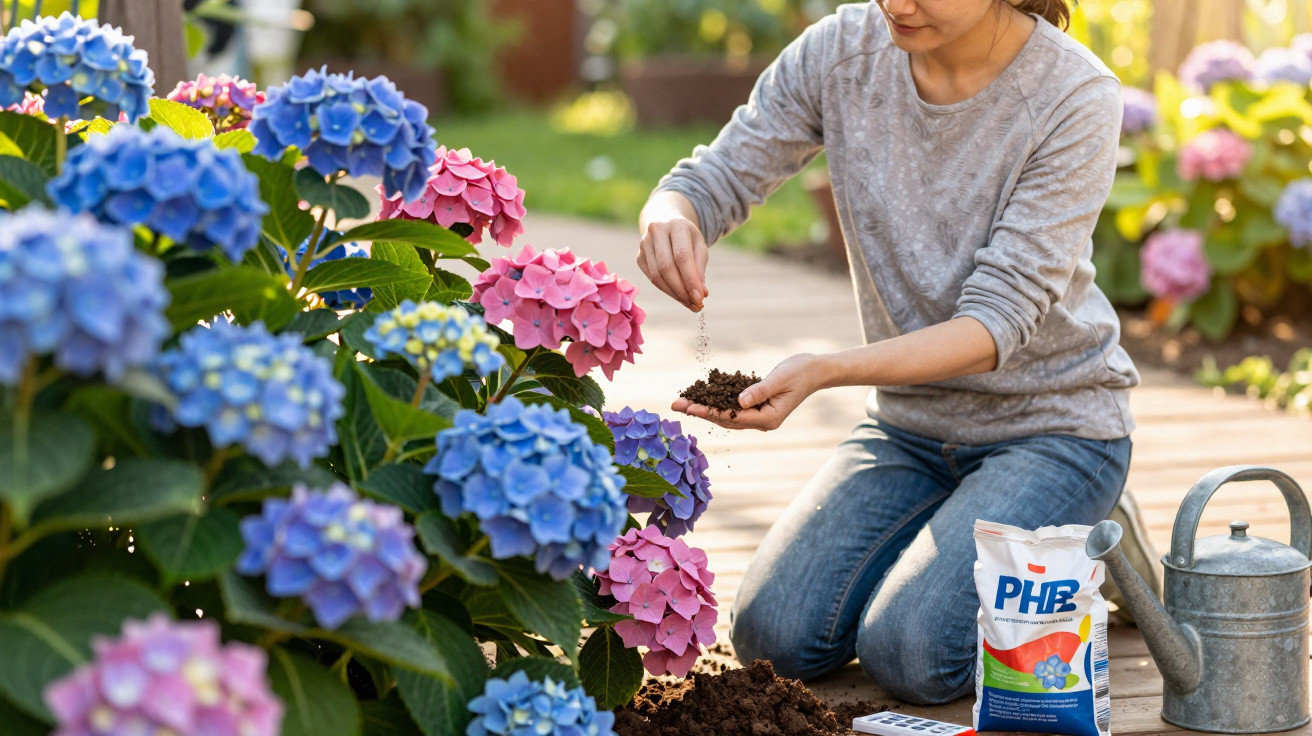 Mulher cuidando de flores hortênsias azuis e rosas em jardim, aplicando fertilizante no solo.