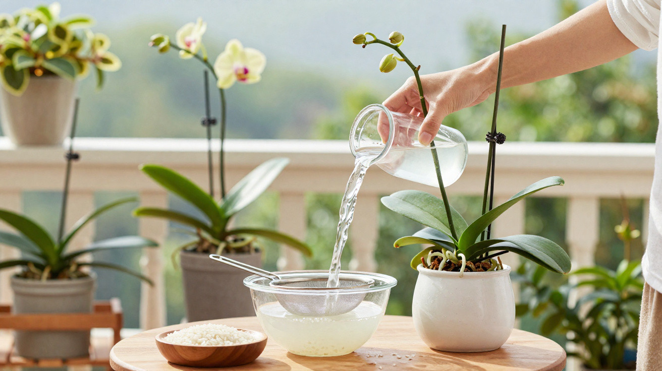 Pessoa regando orquídea em vaso branco em mesa de madeira com plantas ao fundo em varanda iluminada.
