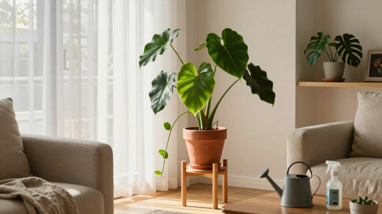Planta em vaso de cerâmica em suporte de madeira em sala com sofá, regador e borrifador na mesa de centro.