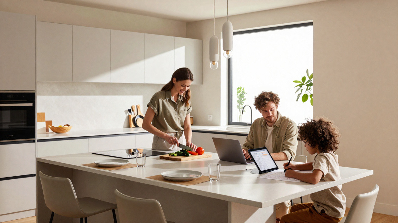 Família em cozinha moderna; mulher corta legumes, homem usa laptop e criança escreve à mesa.