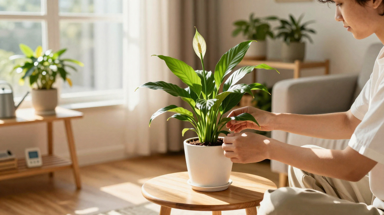 Pessoa cuidando de planta verde em vaso branco sobre mesa redonda em sala iluminada pelo sol.