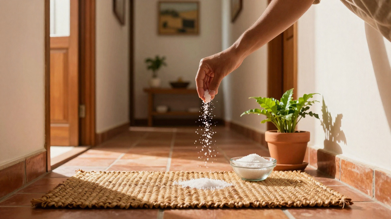 Mão de pessoa salpicando sal grosso sobre tapete de palha em corredor iluminado com vaso de planta.