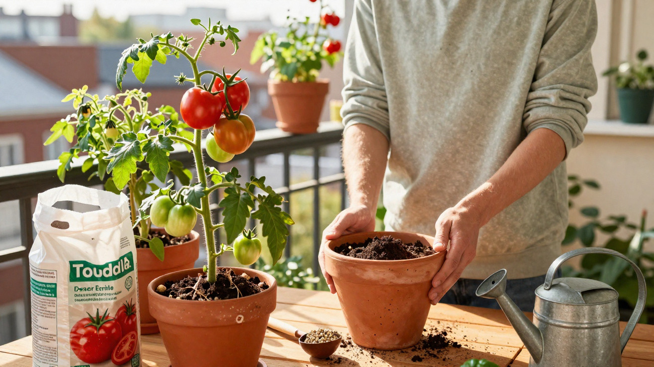 Pessoa preparando vaso de barro para plantar tomate em varanda com regador e adubo ao lado.
