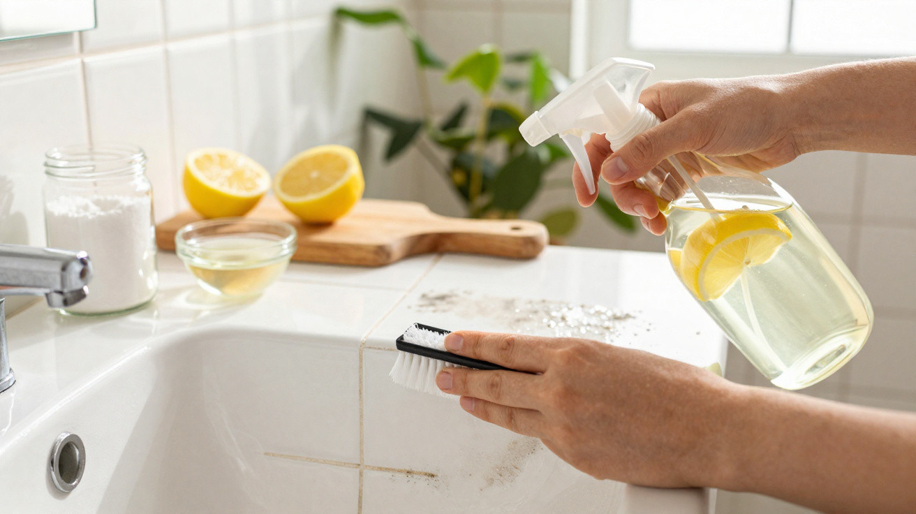 Mãos seguram borrifador com limão e escova para limpar borda de pia branca, com ingredientes naturais ao fundo.
