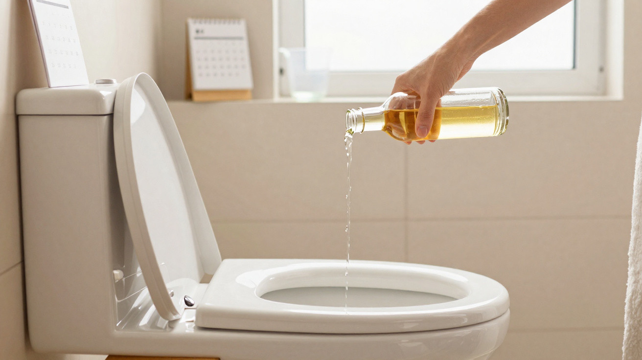 Mão despejando líquido amarelo de uma garrafa dentro de um vaso sanitário branco com tampa aberta.
