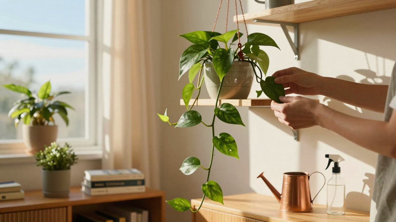 Mãos cuidando de planta pendurada em vaso na sala iluminada com regador e outra planta ao fundo.