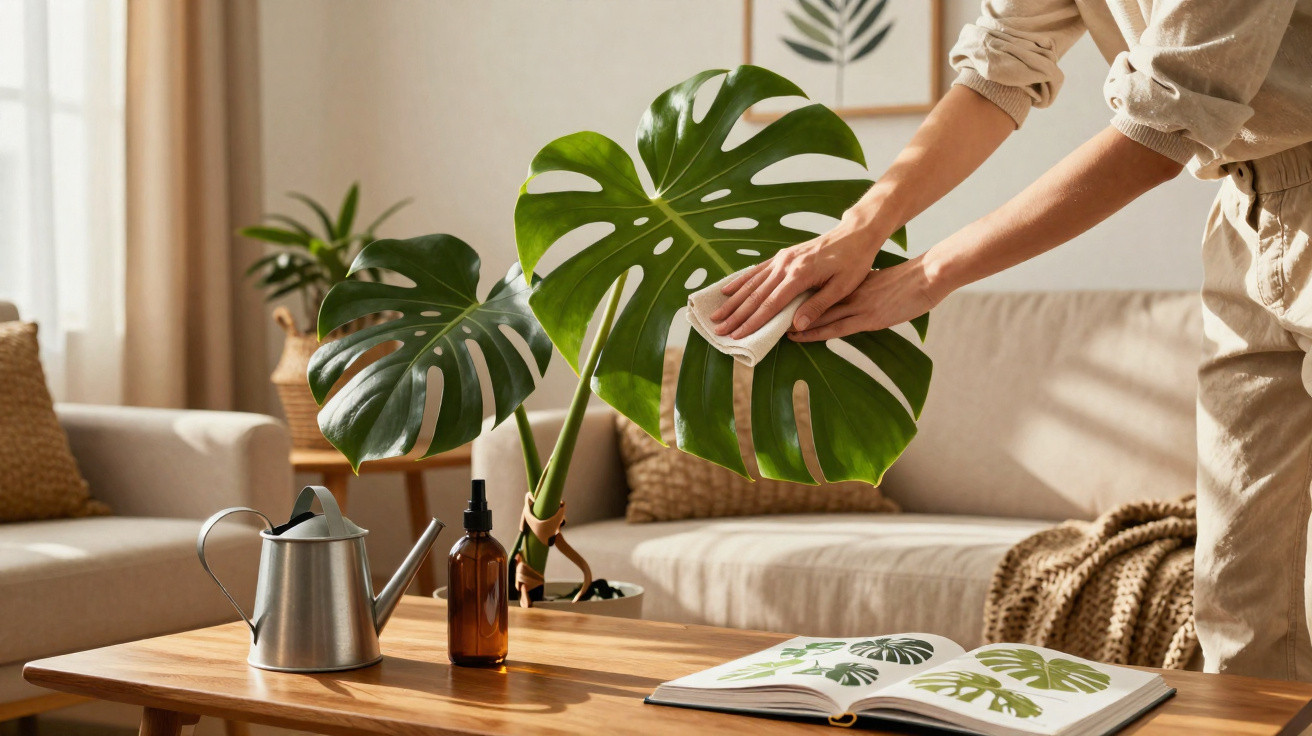 Pessoa limpando folhas de planta Monstera em sala de estar com mesa, livro e regador ao fundo.