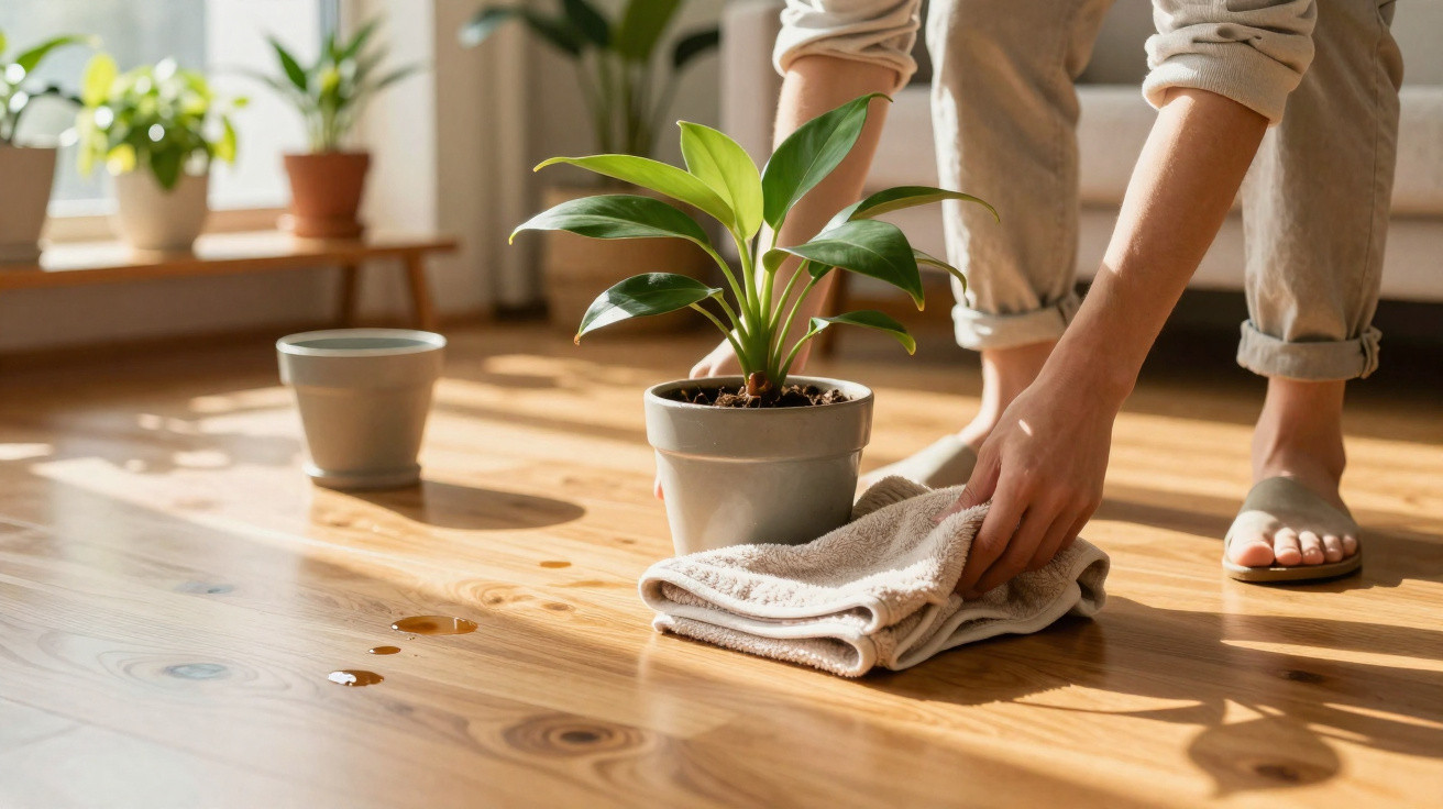 Pessoa limpando água derramada no chão de madeira próximo a vaso com planta dentro de casa.