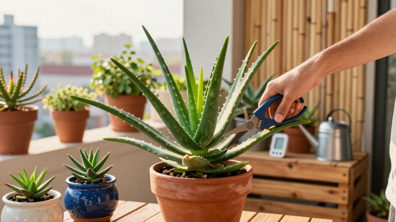 Pessoa podando planta suculenta em vaso de barro em varanda com várias plantas ao redor.