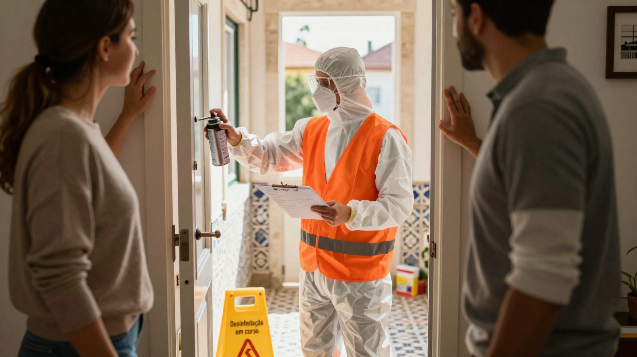 Profissional com equipamento de proteção faz desinfecção em residência na frente de casal.