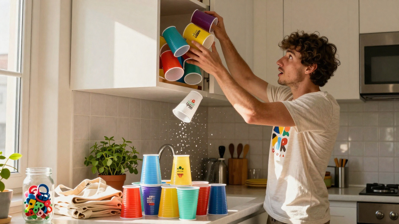 Homem derrama copos coloridos empilhados de armário na cozinha.