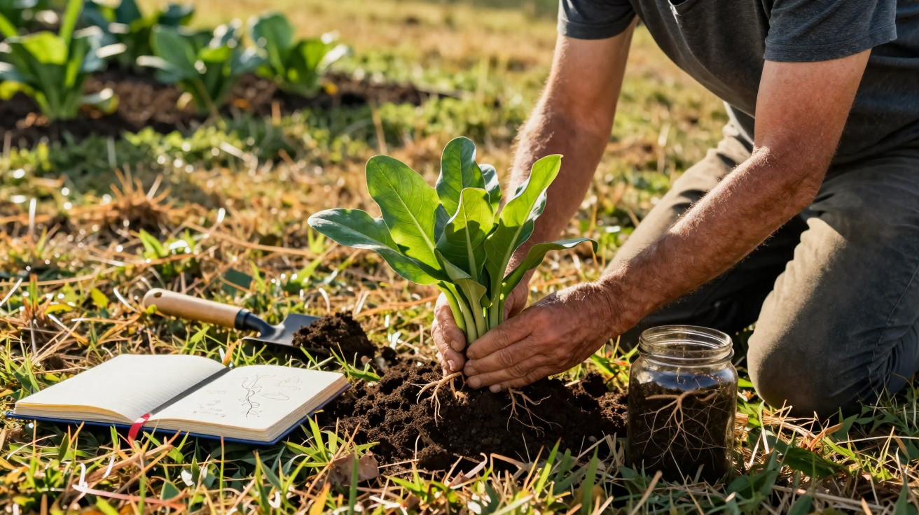 Pessoa plantando muda em solo com caderno, pá e pote com solo ao lado, em campo aberto.