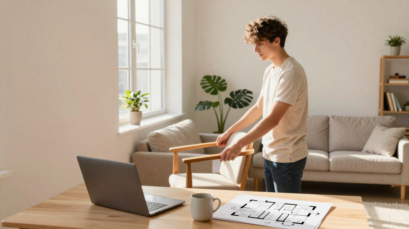 Jovem organizando cadeira perto de mesa com planta e laptop em sala iluminada e aconchegante.