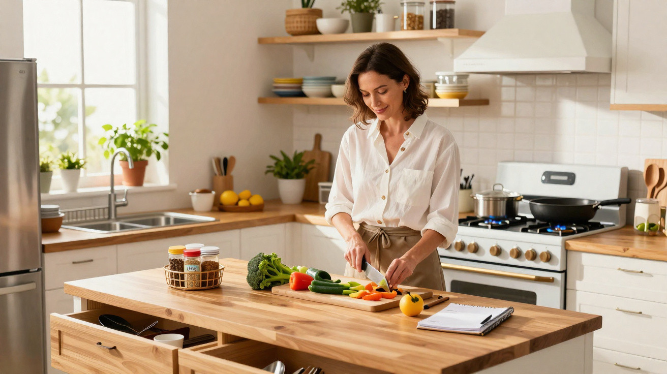 Mulher sorrindo corta legumes frescos em bancada de cozinha moderna e iluminada.
