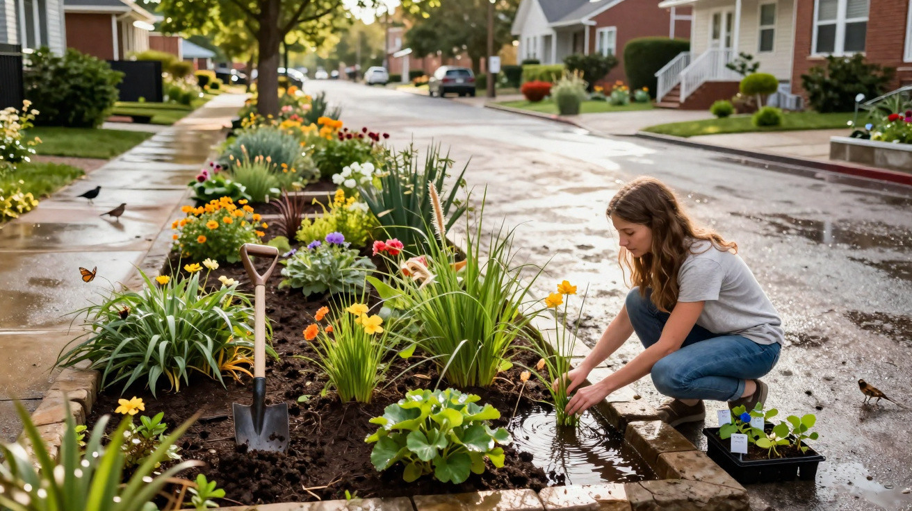 Mulher jardineira plantando flores em canteiro colorido à beira da calçada em bairro residencial.