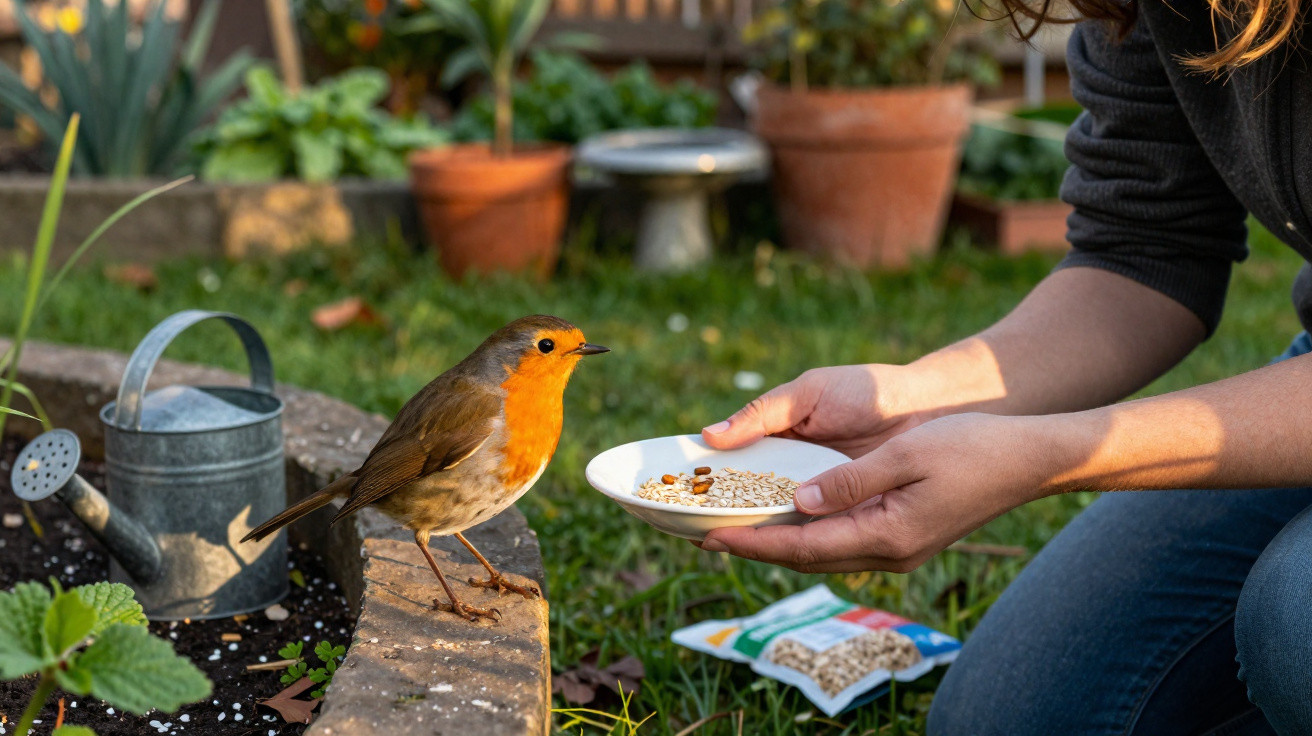 Pessoa alimenta pássaro com penas laranja no jardim, segurando prato com sementes próximas a regador.