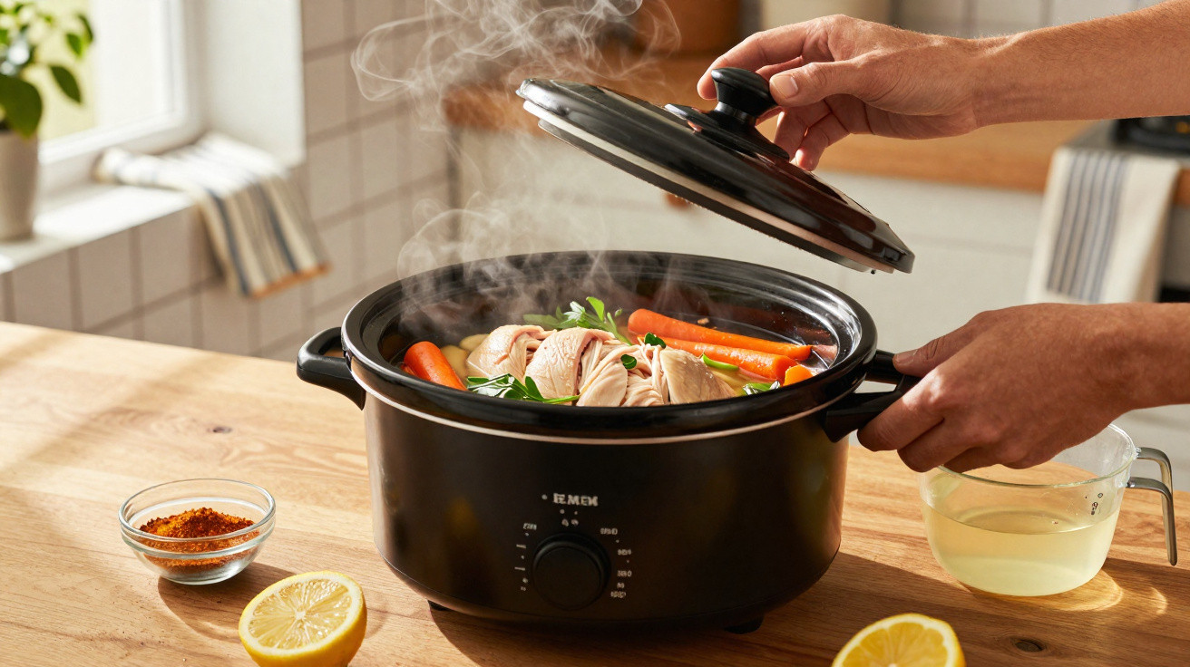 Panela elétrica preta com sopa de frango, cenoura e ervas, tampa sendo levantada, em cozinha iluminada.