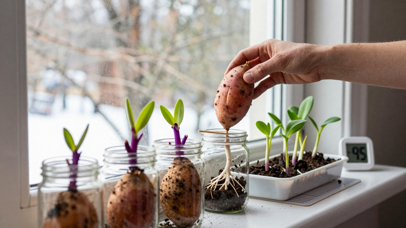 Mãos colocando batata-doce em pote com terra para germinar, em uma janela com vasos de plantas jovens.