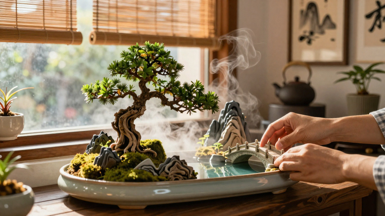 Mãos ajustando uma miniatura zen com árvore bonsai, ponte e pedras decorativas em janela iluminada.