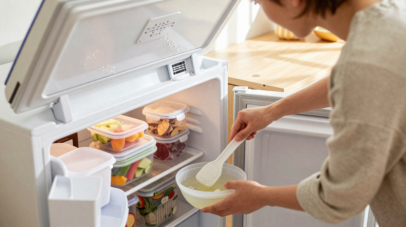 Pessoa usando uma espátula para mexer alimento em pote transparente dentro do freezer aberto.