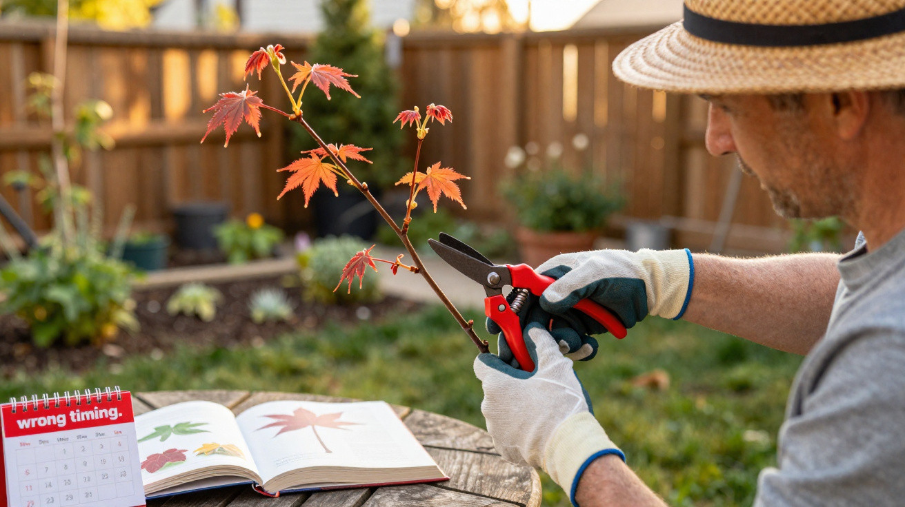 Homem podando galho de árvore com tesoura de jardinagem em jardim ao ar livre.