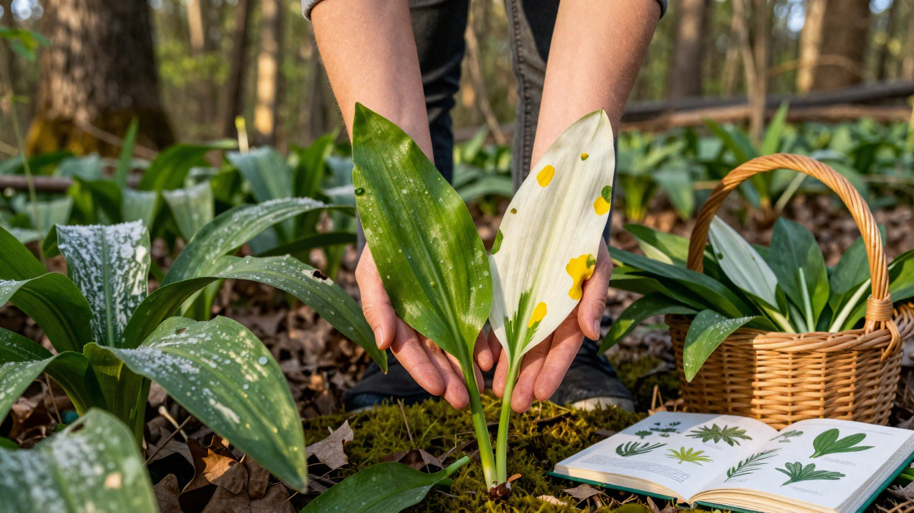 Mãos seguram folhas verdes e variegadas em floresta, com cesta de vime e livro aberto com desenhos de plantas.