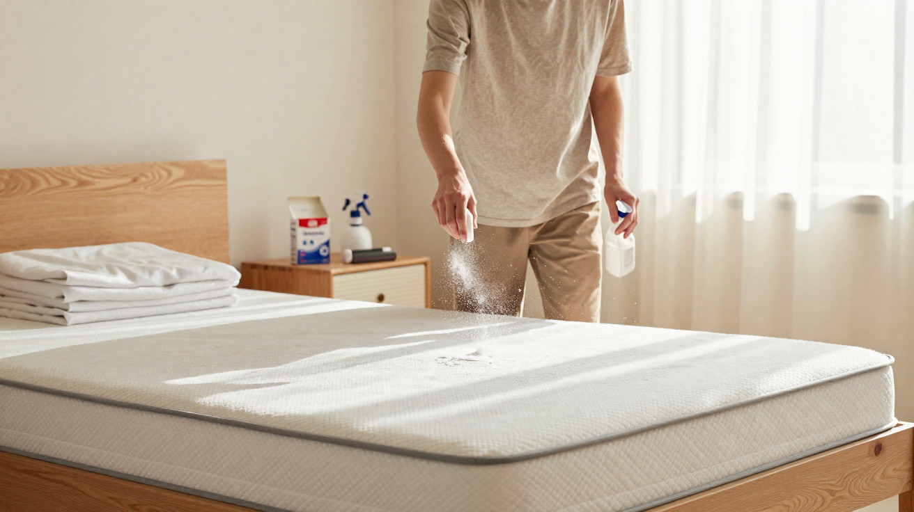Pessoa aplicando produto em pó sobre colchão em quarto claro e organizado com cama de madeira e roupa de cama dobrada.