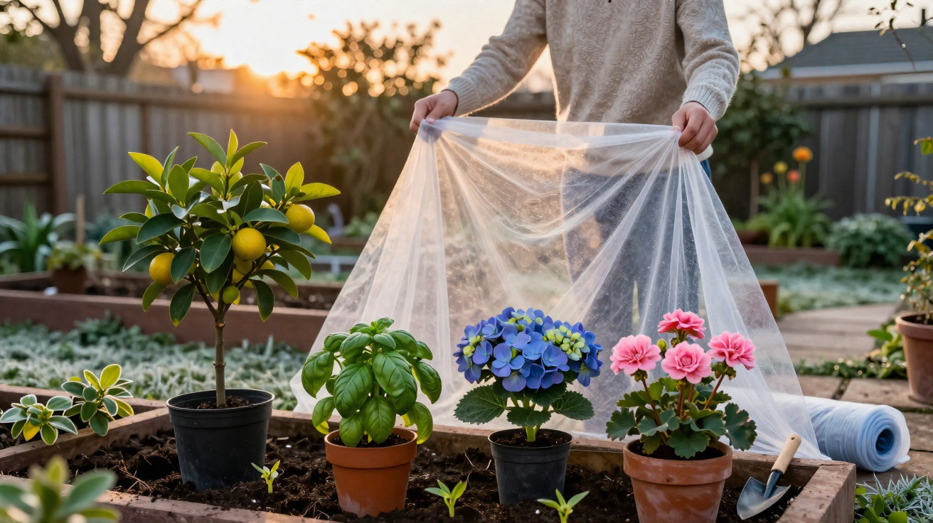 Pessoa cobrindo flores e plantas em vasos com tecido transparente em jardim ao entardecer.