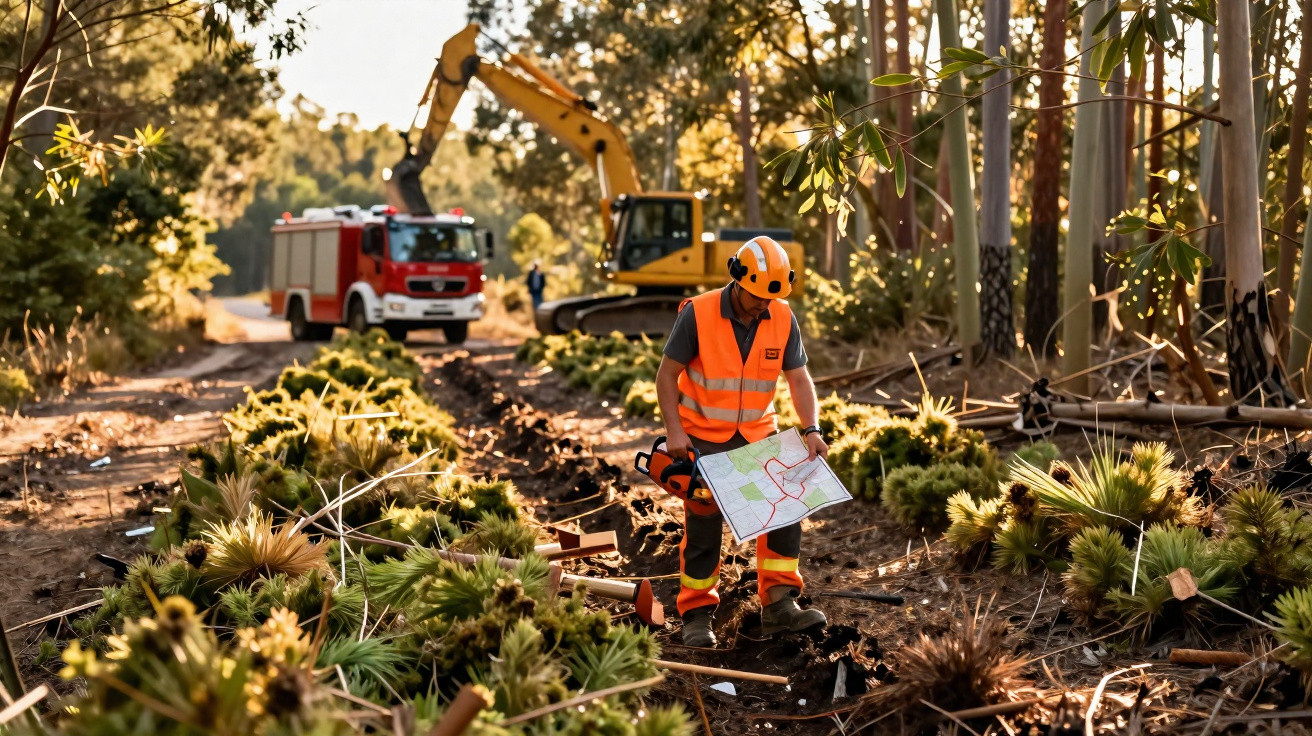 Trabalhador de segurança com colete laranja e capacete analisando mapa em área de construção florestal.