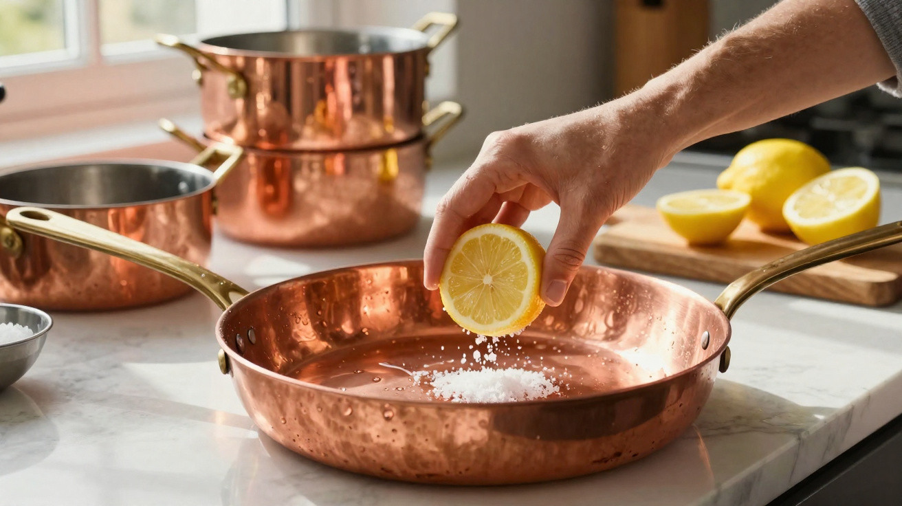 Mão espremendo meio limão sobre uma frigideira de cobre com sal na bancada da cozinha.